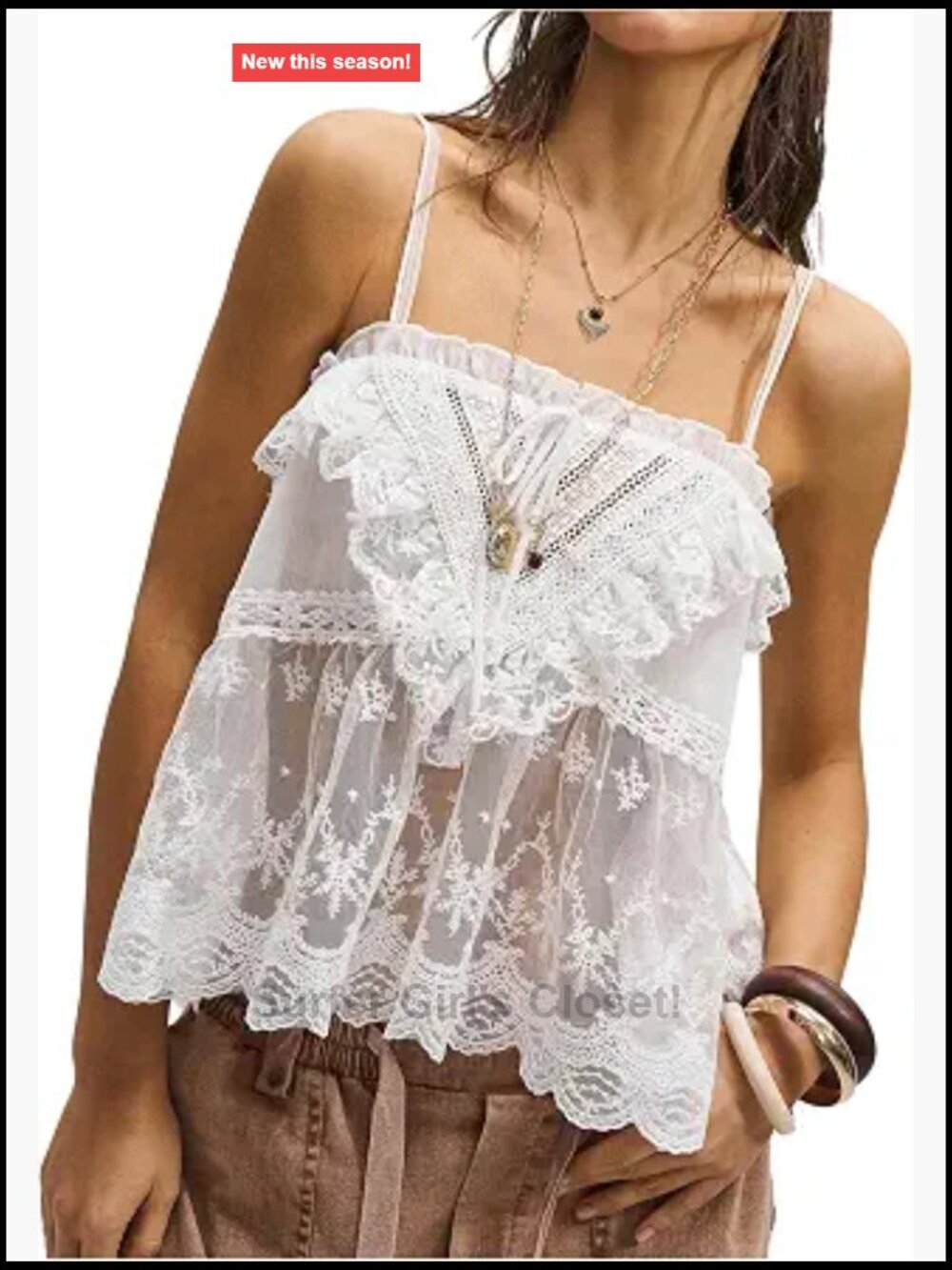 Sheer Lace Camisole Top Sleeveless Ruffle Backless Scalloped Boho Vacation Tank